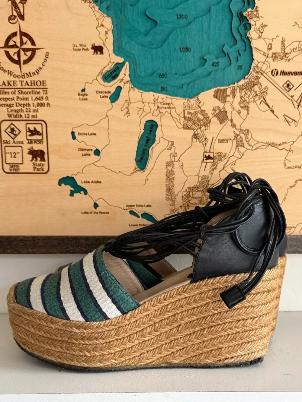 Chloe green striped/ leather straps espadrille wedges/ shoes sz 37 sz US 7